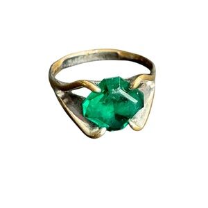 Vintage Emerald Cut Green Cocktail Ring Distressed Dainty Pinky Size 4 - 4.25